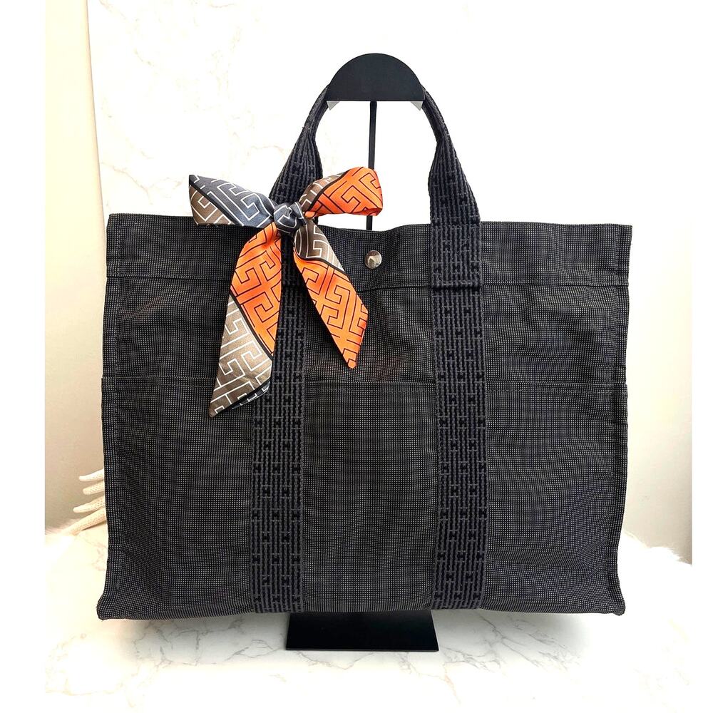 Hermès Herline MM Canvas Tote Bag Charcoal Grey H Logo Zip Top Work Carryall
